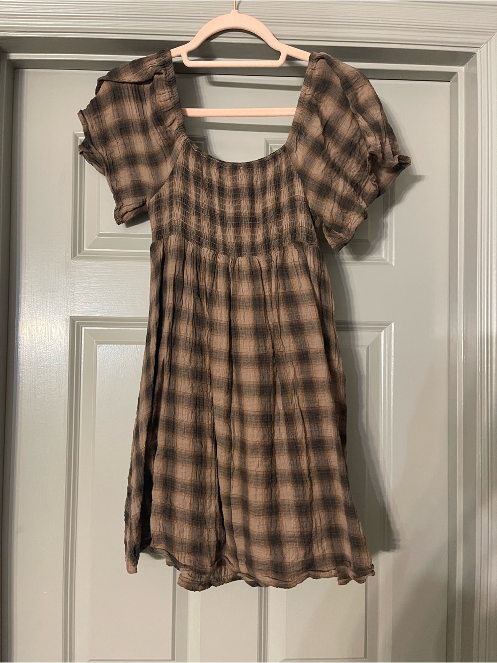By Together Brown and Black Plaid Short Sleeve Babydoll Dress - Picture 4 of 4